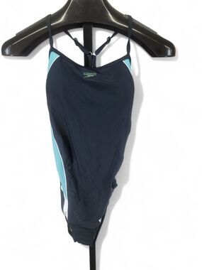 NWT Speedo Black One Piece Swimsuit w/ Teal Panels and White Piping
